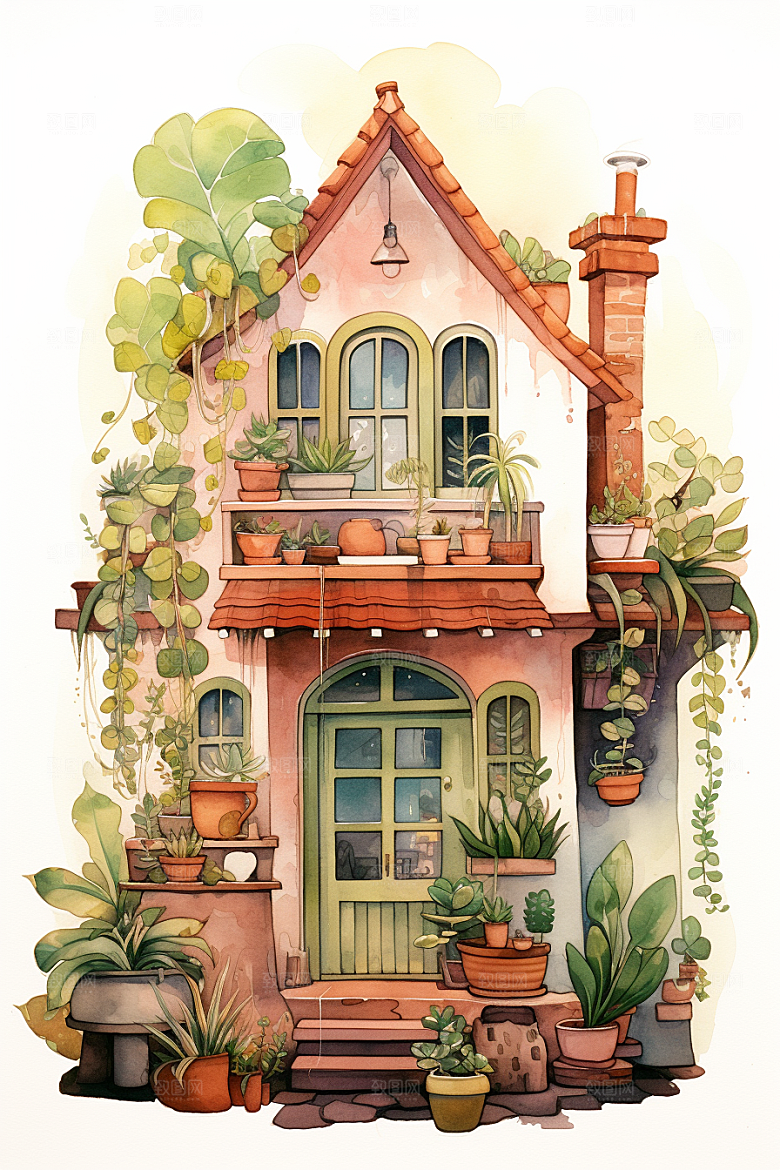 自然小屋绿色手绘水彩插画