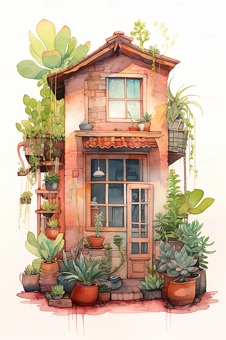 自然小屋植物绿色水彩插画