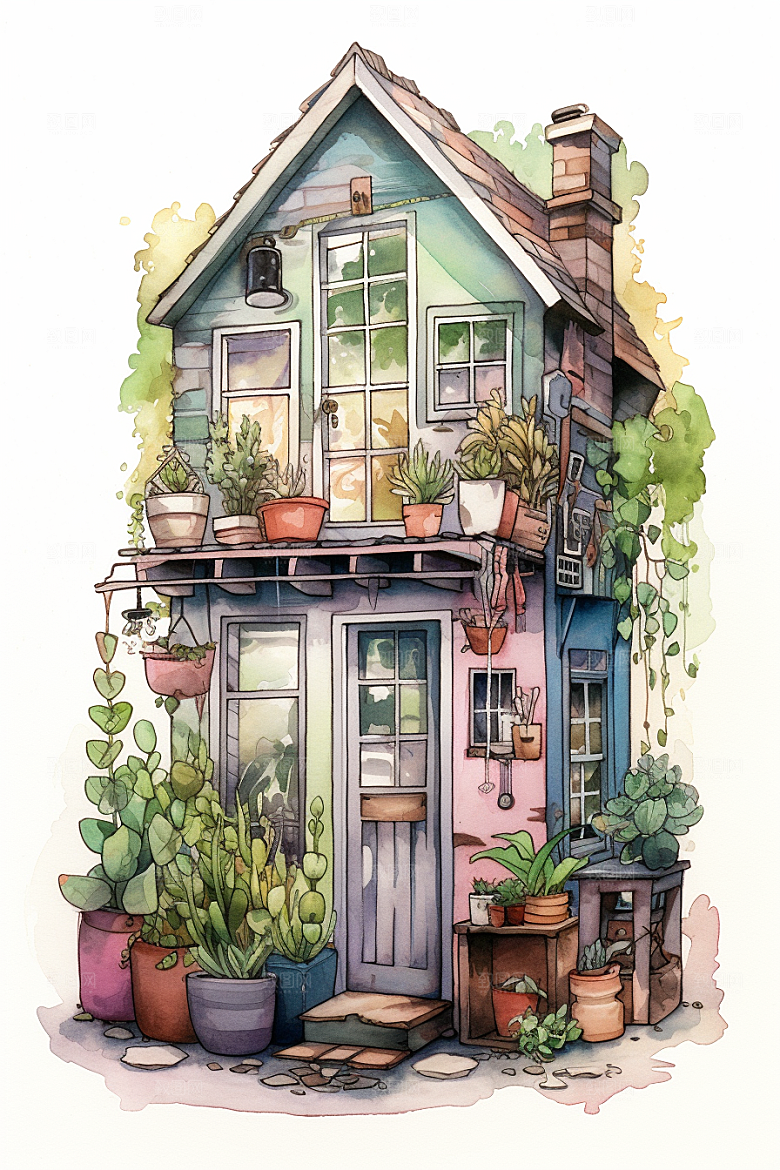 自然小屋绿植手绘水彩插画
