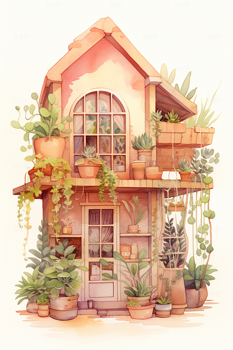 自然小屋植物清新水彩插画