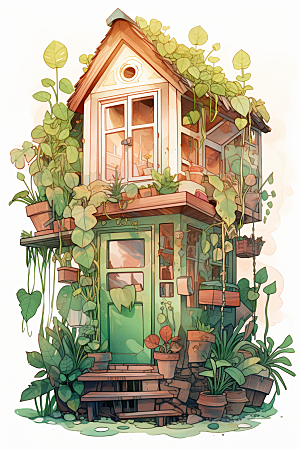 自然小屋庭院绿色水彩插画