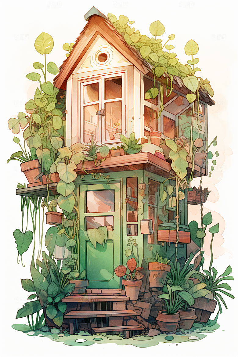 自然小屋庭院绿色水彩插画