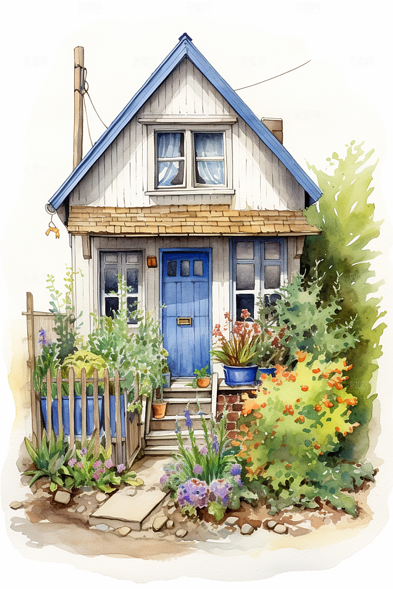 自然小屋手绘花草水彩插画