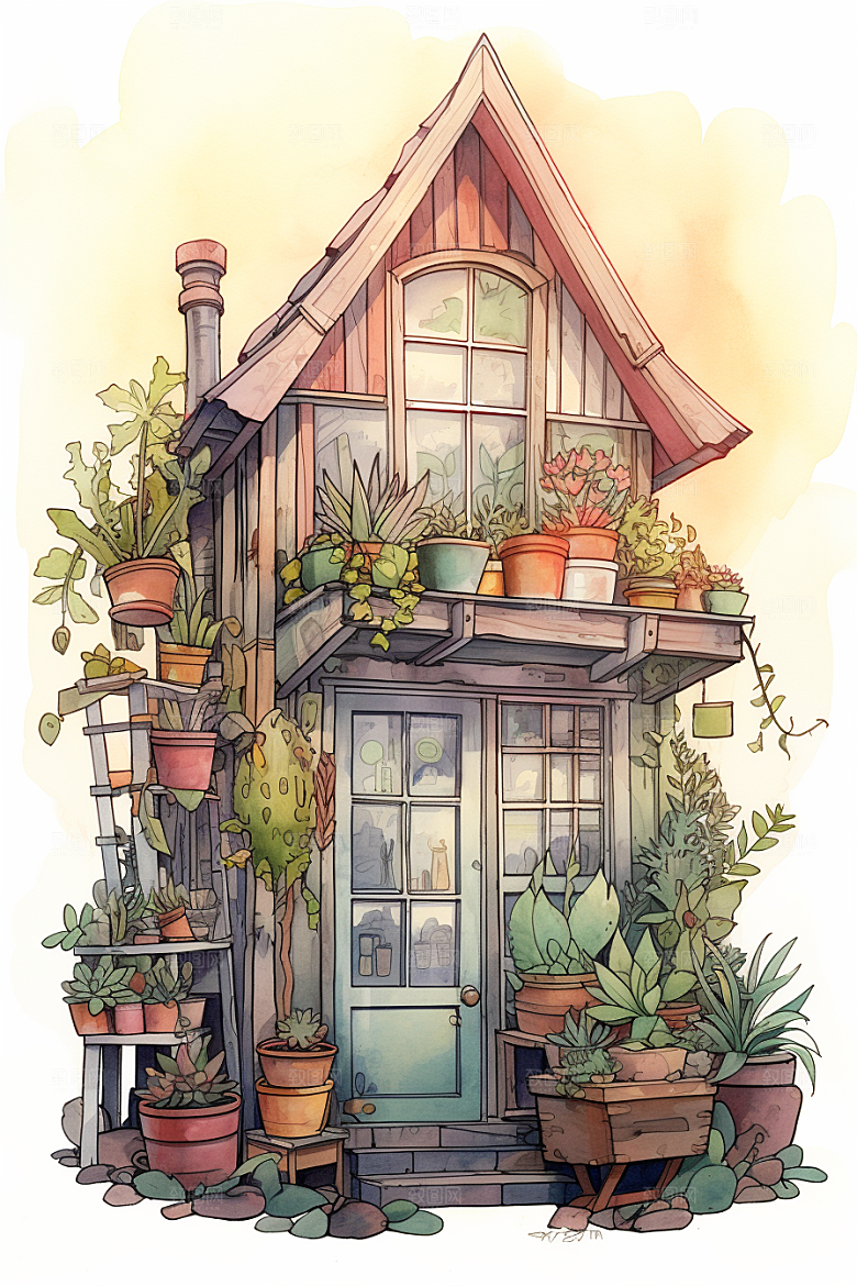 自然小屋唯美植物水彩插画