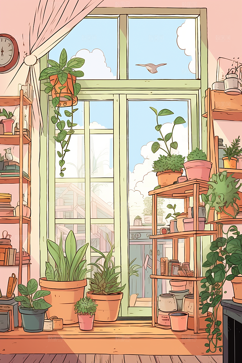 自然小屋庭院绿色水彩插画