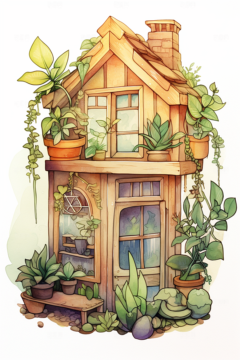 自然小屋唯美清新水彩插画