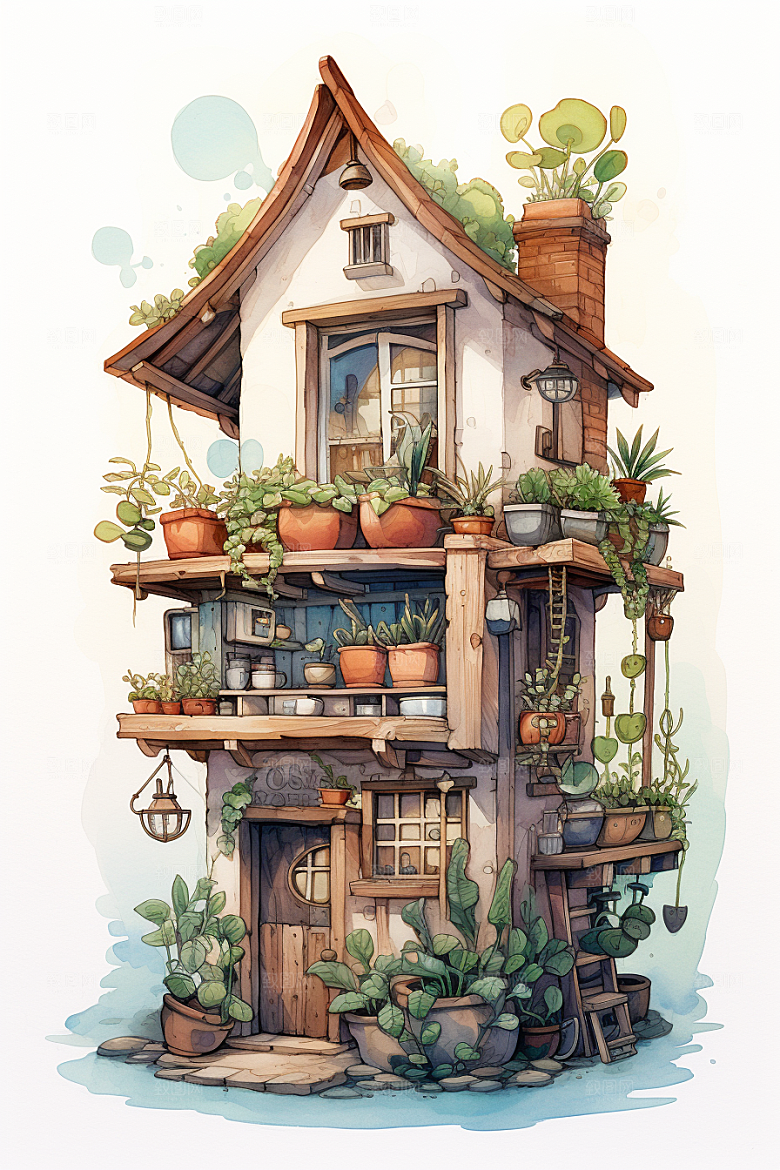 自然小屋高清绿色水彩插画