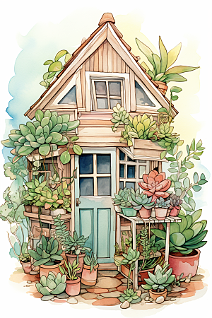 自然小屋高清绿植水彩插画