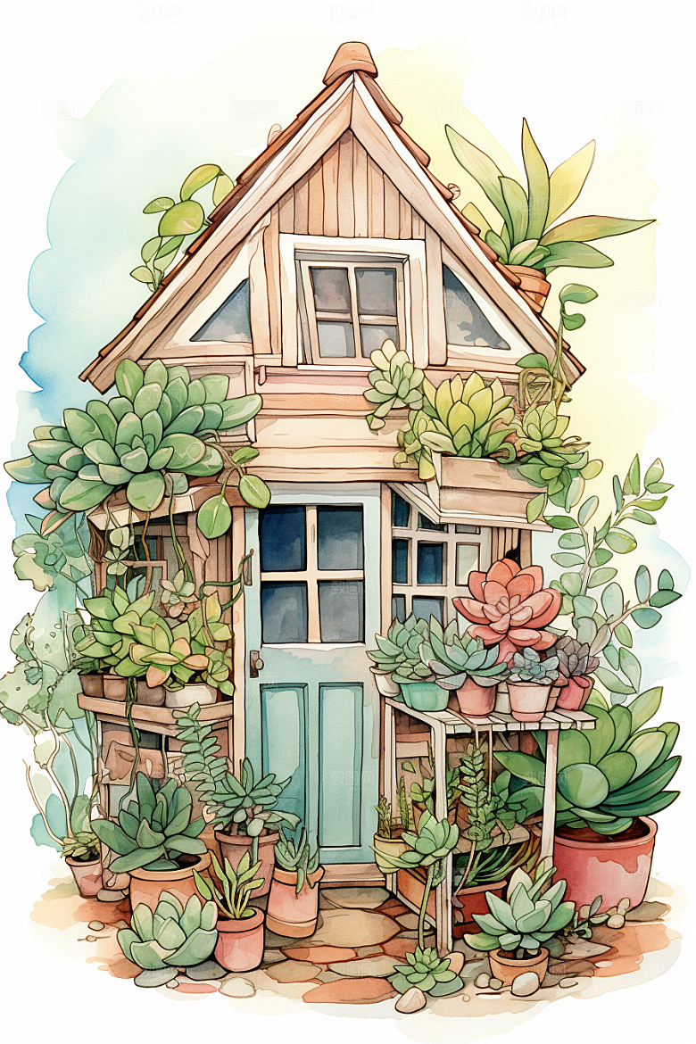 自然小屋高清绿植水彩插画