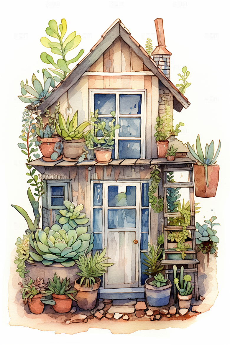 自然小屋别墅唯美水彩插画