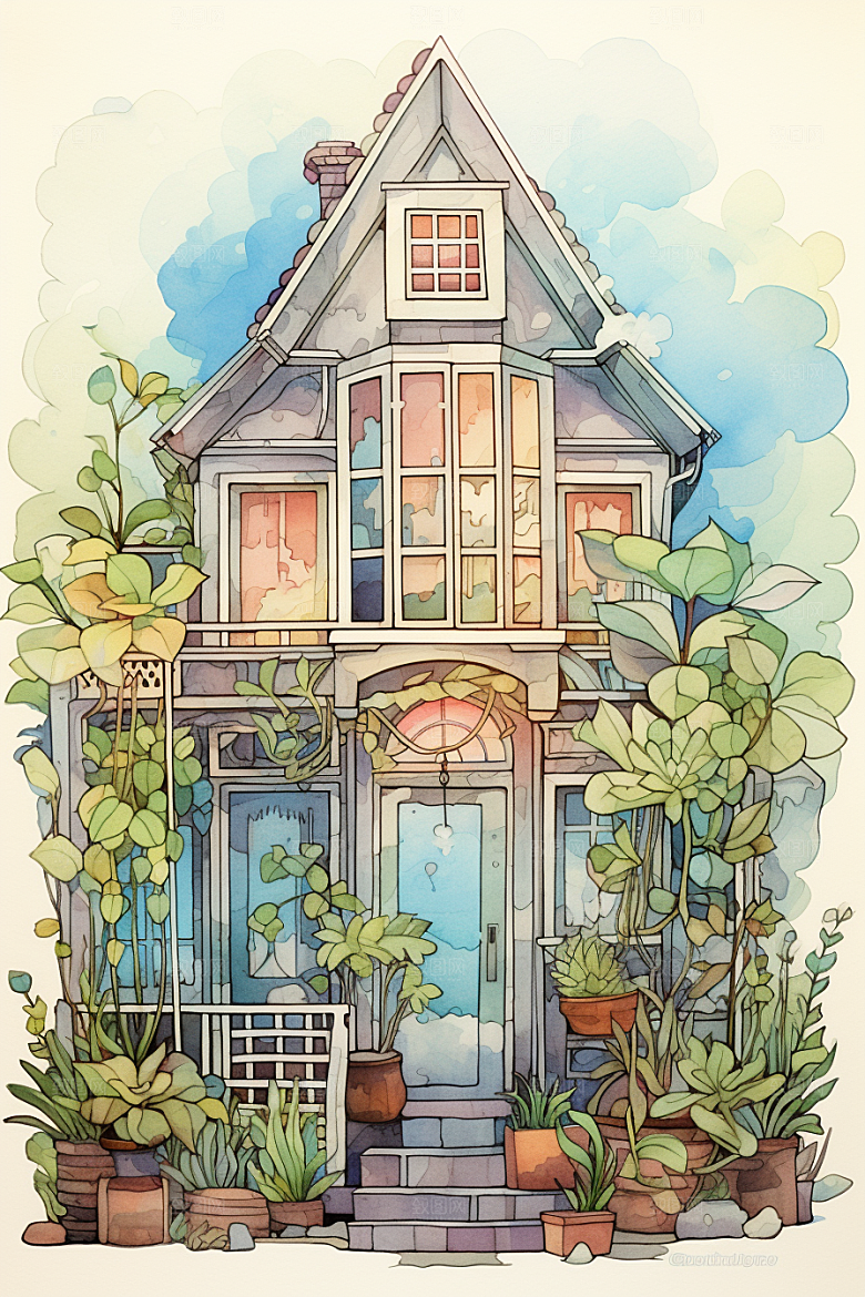 自然小屋唯美植物水彩插画