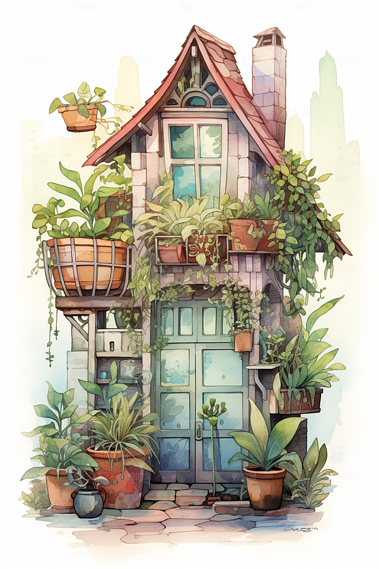 自然小屋别墅高清水彩插画