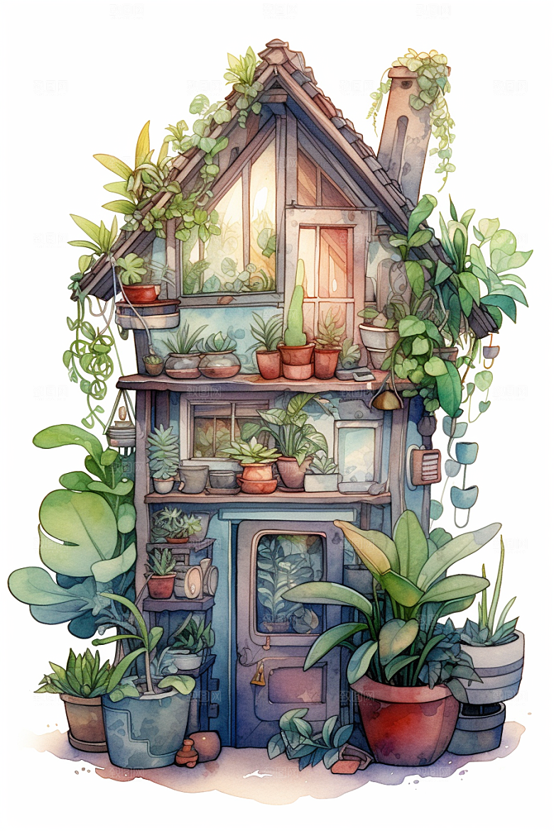 自然小屋别墅小院水彩插画