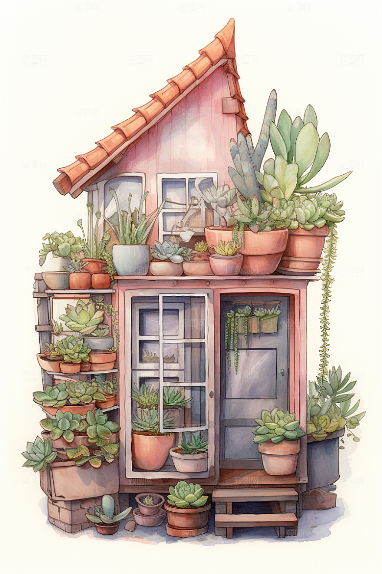 自然小屋高清绿植水彩插画