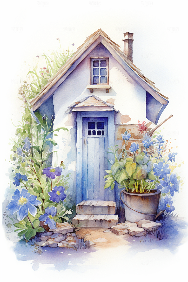 自然小屋小院唯美水彩插画