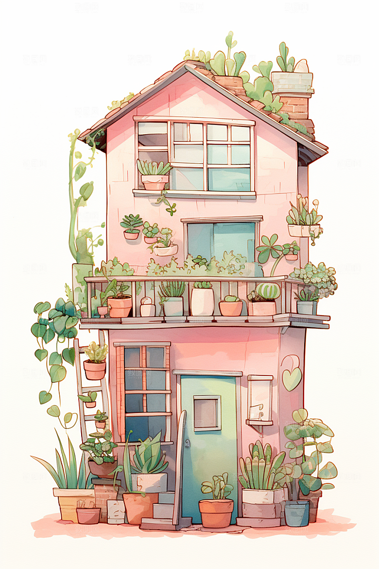 自然小屋清新庭院水彩插画