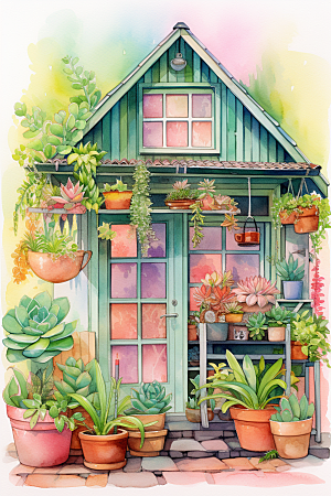 自然小屋庭院绿植水彩插画