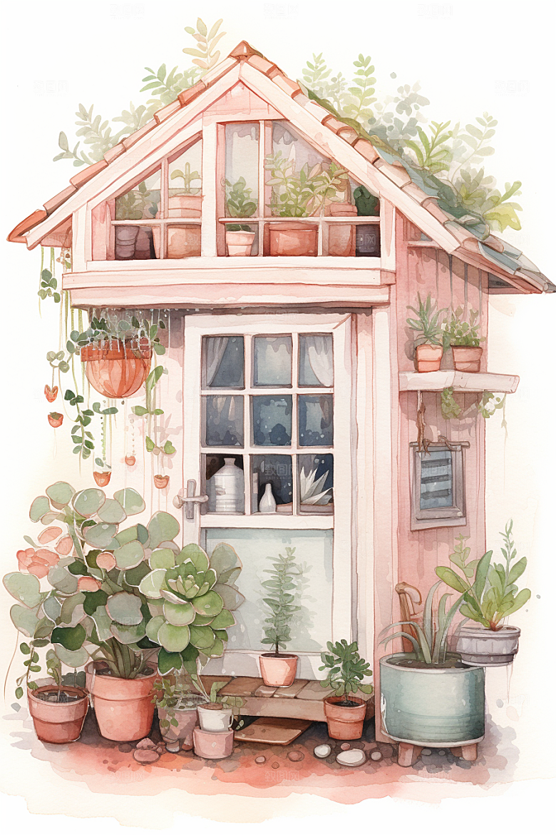 自然小屋绿植手绘水彩插画