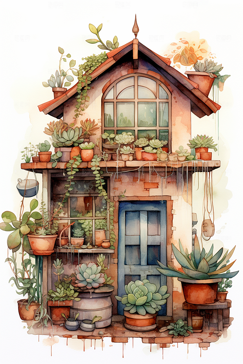 自然小屋高清别墅水彩插画