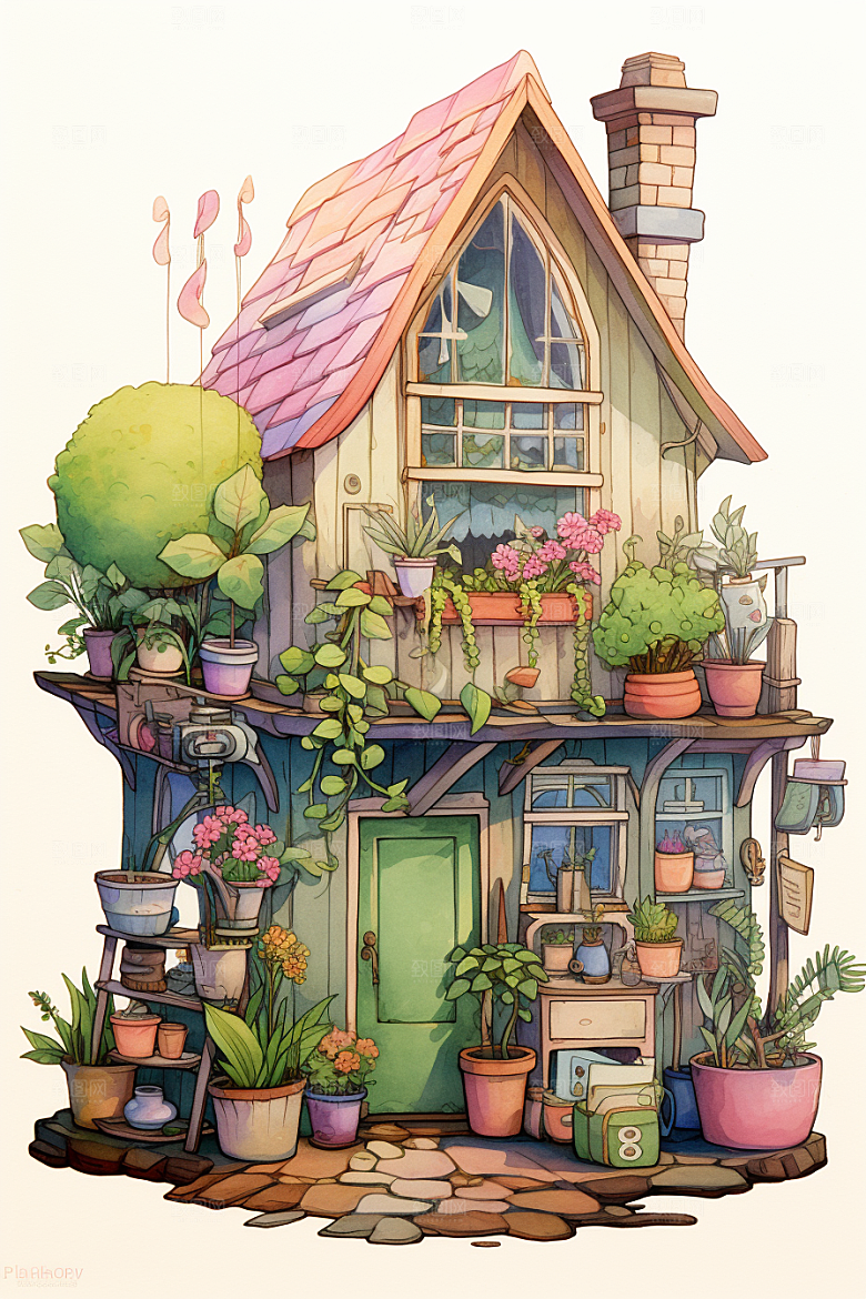 自然小屋高清小院水彩插画