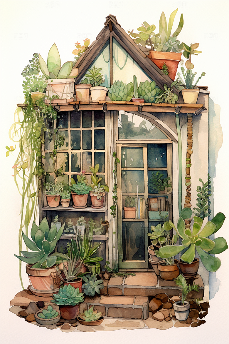 自然小屋花草植物水彩插画