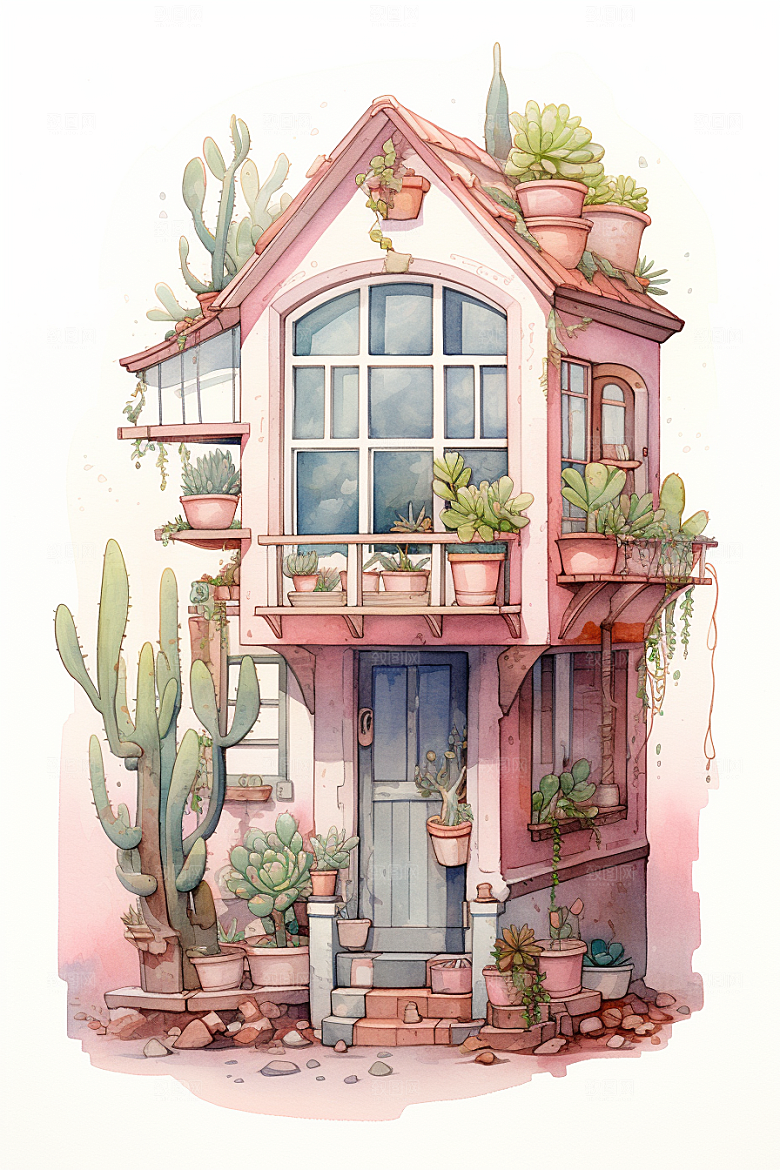 自然小屋手绘绿色水彩插画