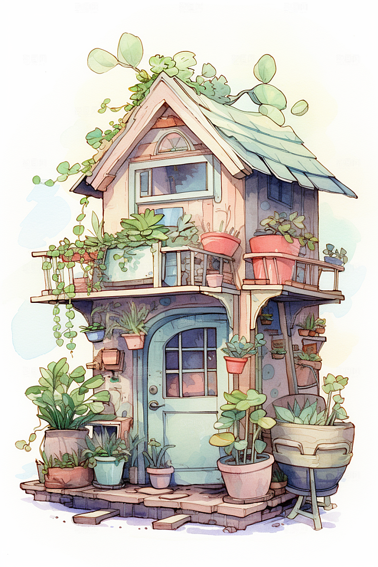 自然小屋别墅清新水彩插画