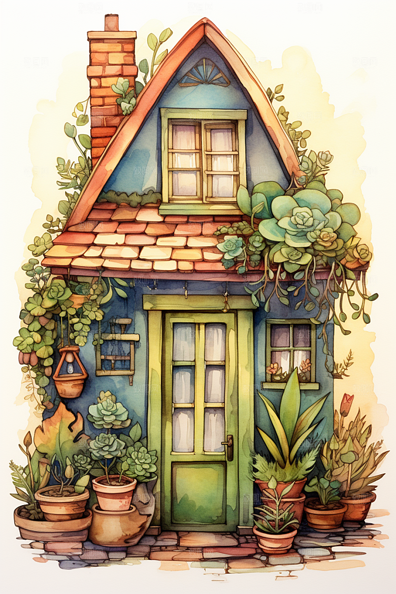 自然小屋绿色花草水彩插画