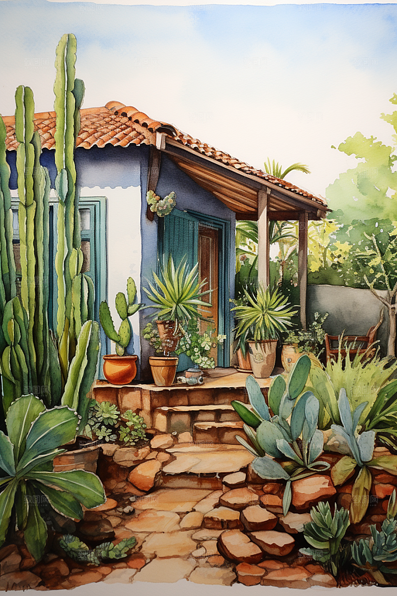 自然小屋清新高清水彩插画