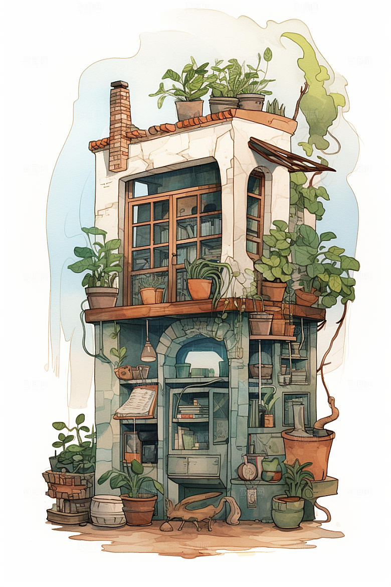 自然小屋别墅小院水彩插画