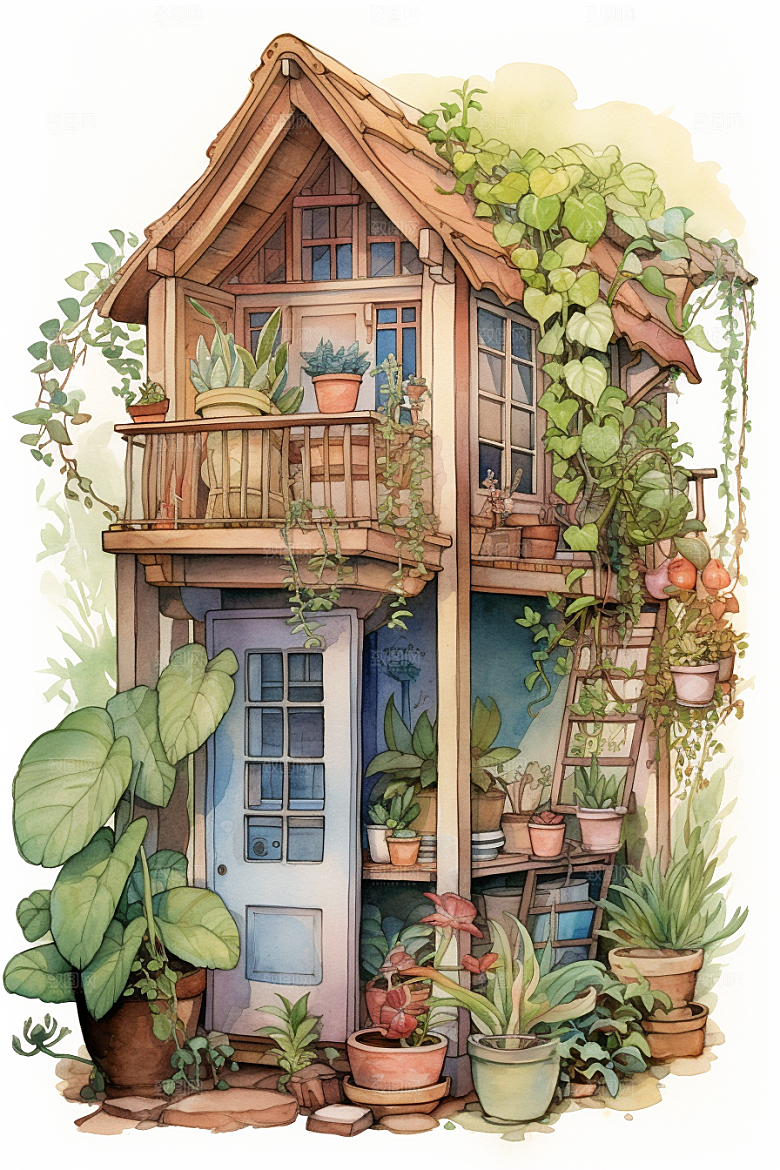 自然小屋手绘花草水彩插画