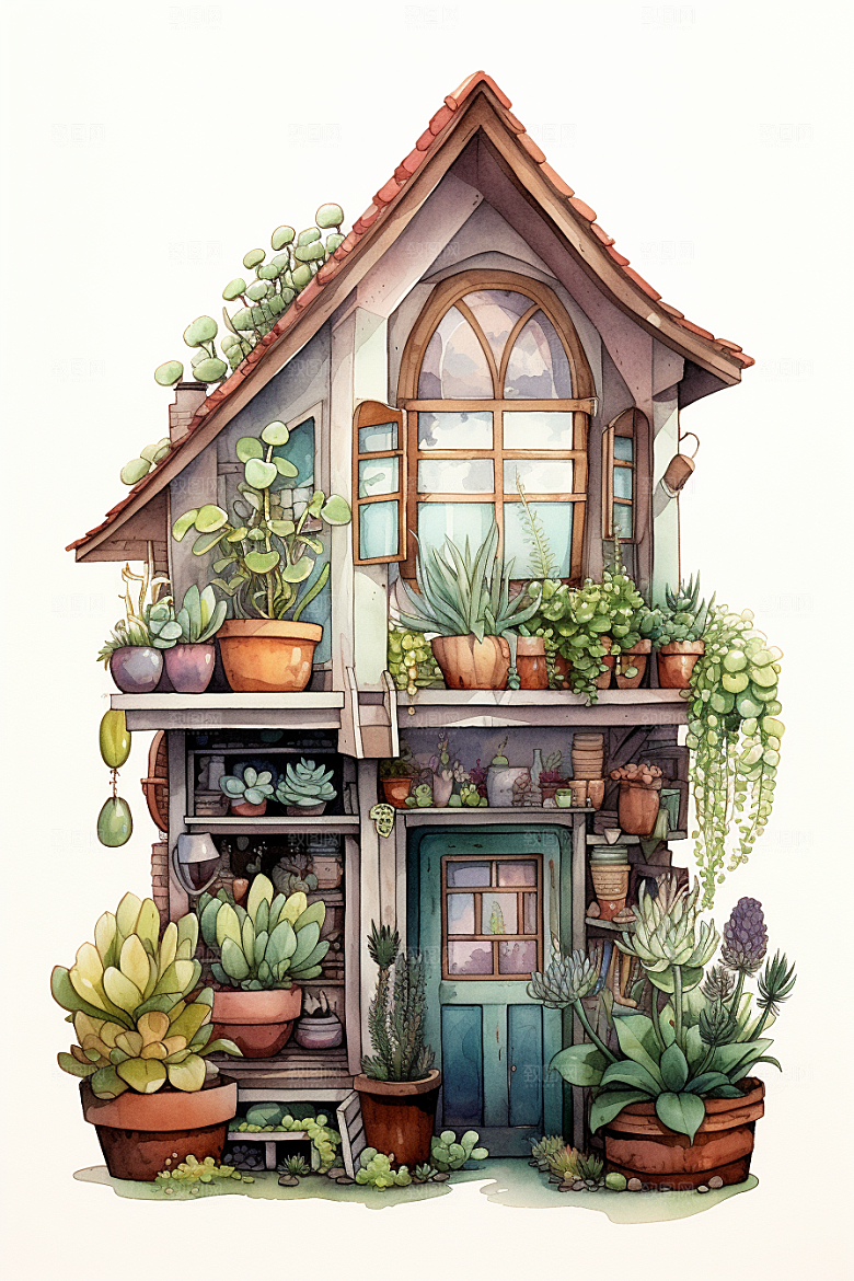 自然小屋绿植庭院水彩插画