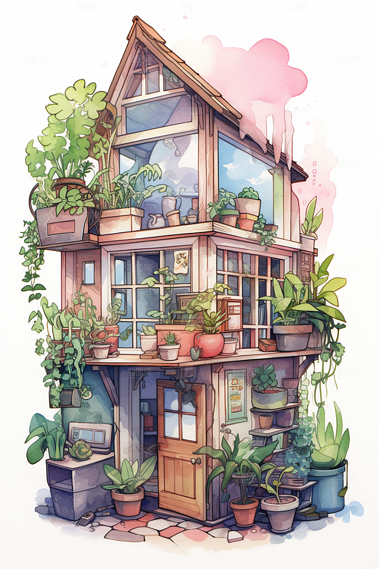 自然小屋花草庭院水彩插画