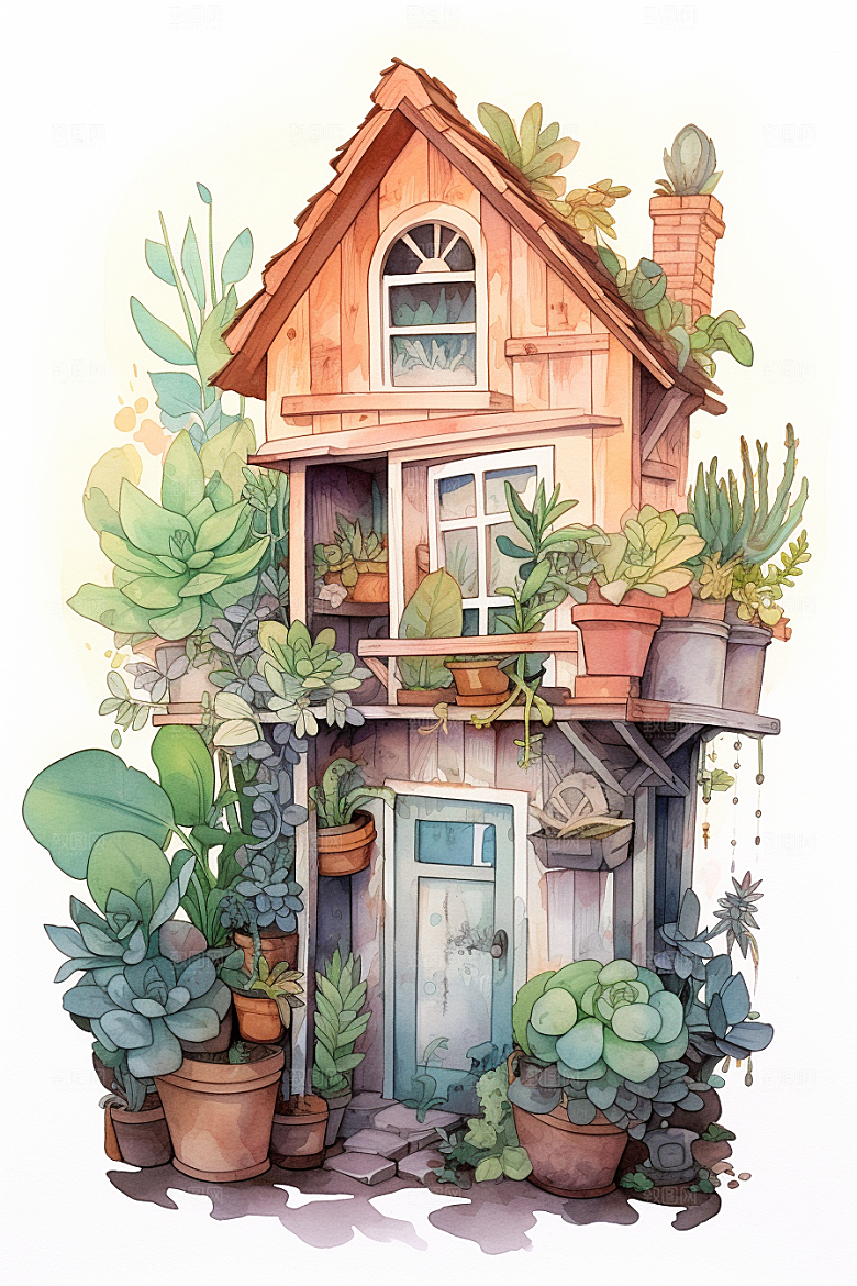 自然小屋手绘小院水彩插画