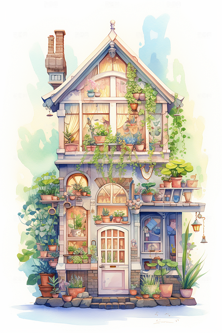 自然小屋小院绿植水彩插画