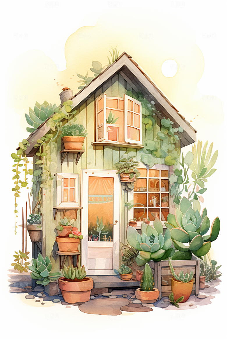 自然小屋高清花草水彩插画