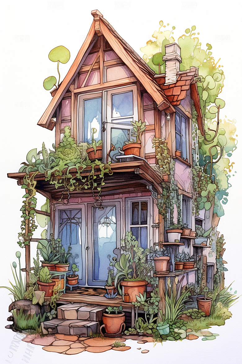 自然小屋绿植庭院水彩插画