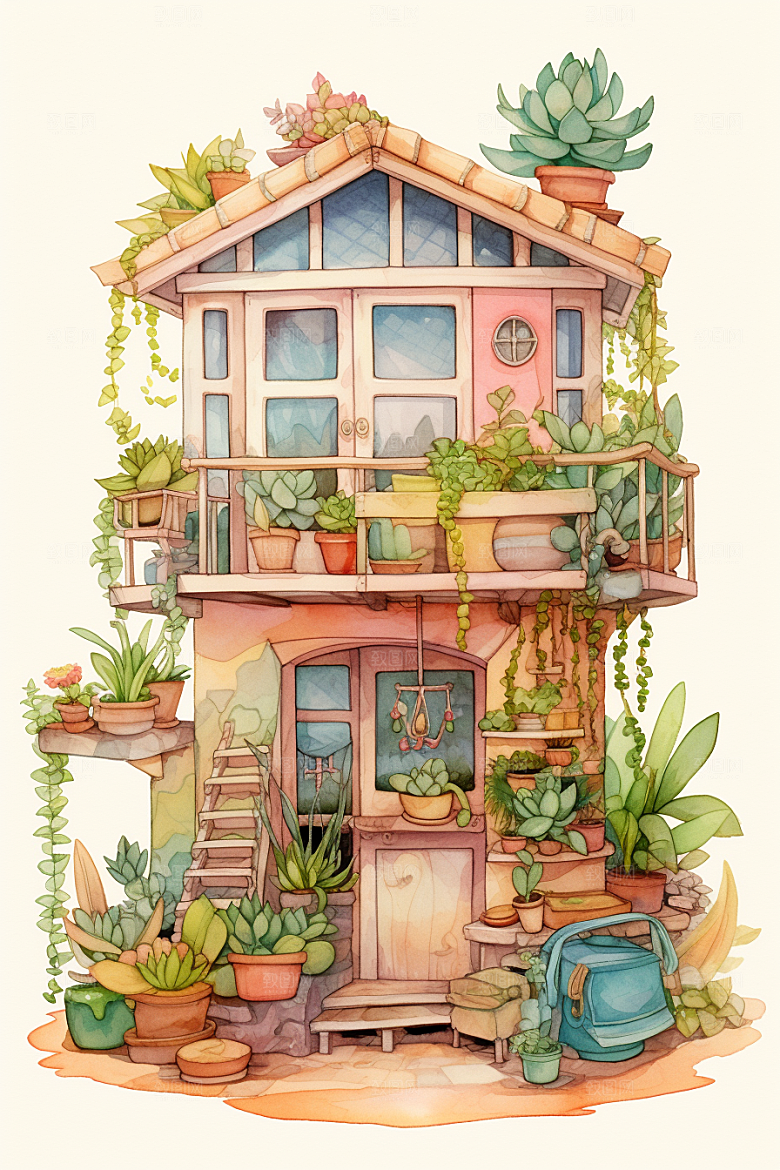 自然小屋庭院花草水彩插画