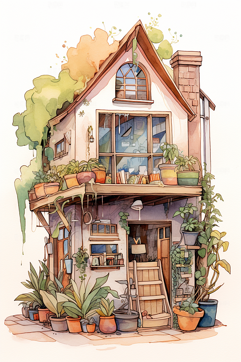 自然小屋高清别墅水彩插画