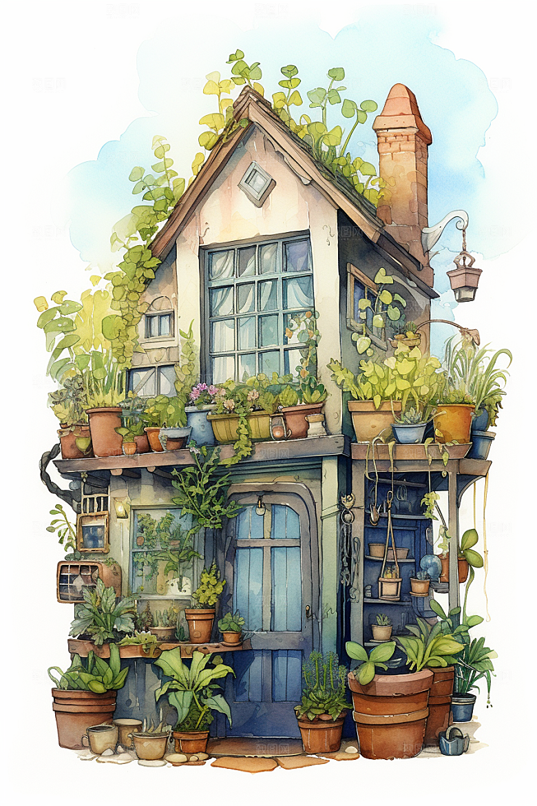 自然小屋植物花草水彩插画