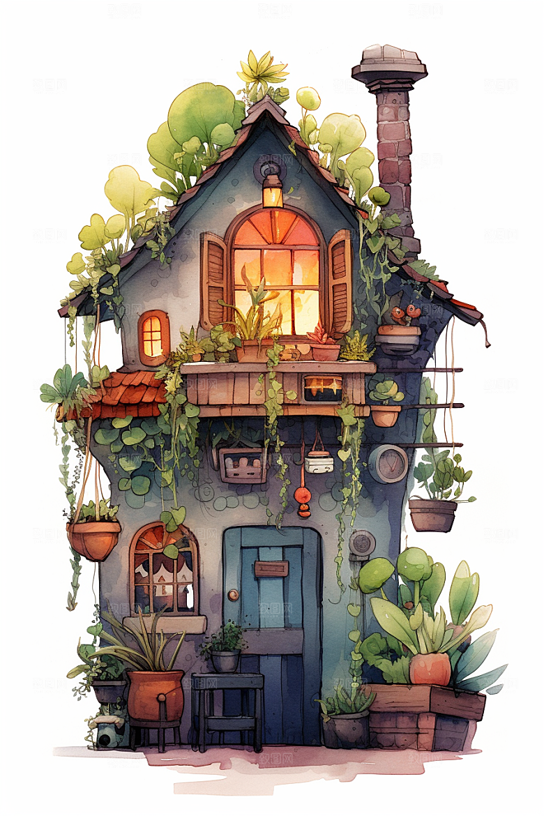 自然小屋手绘庭院水彩插画
