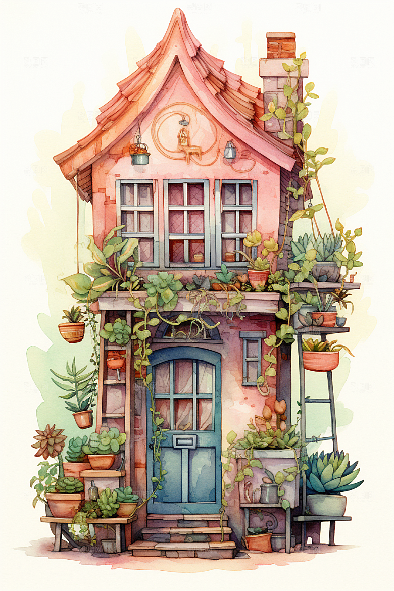 自然小屋绿色庭院水彩插画