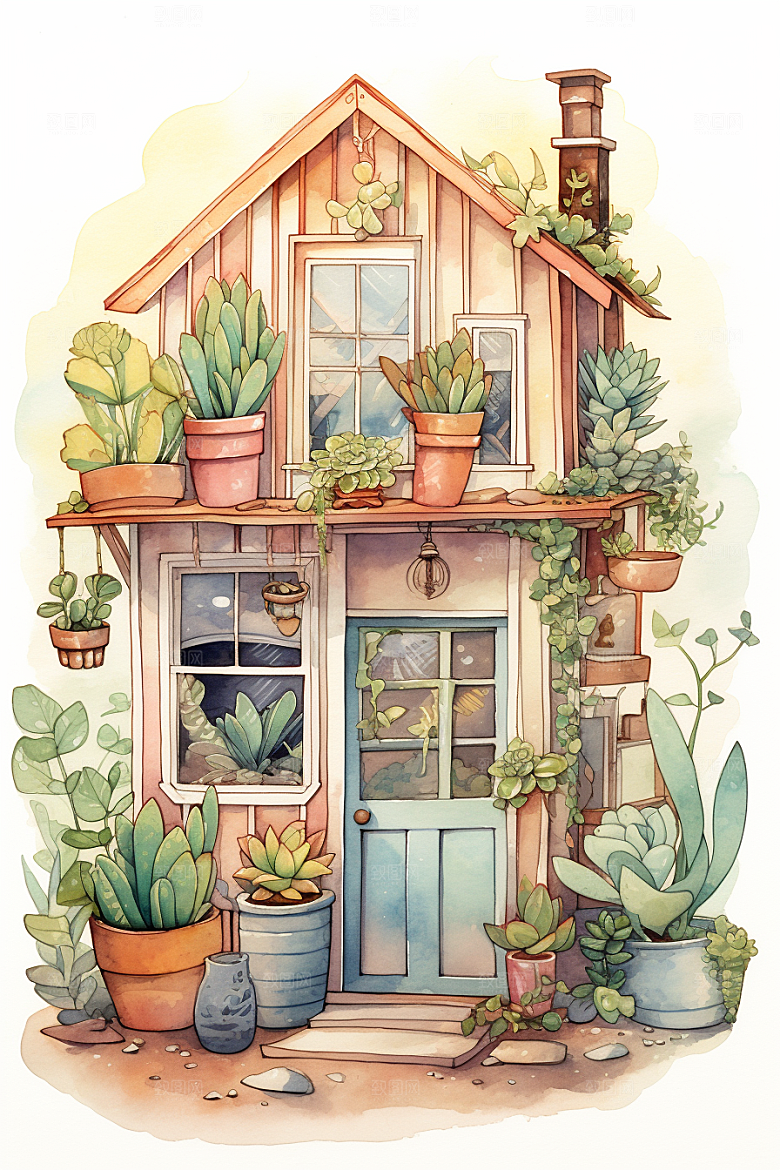自然小屋绿色花草水彩插画