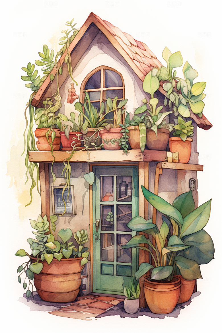 自然小屋花草庭院水彩插画