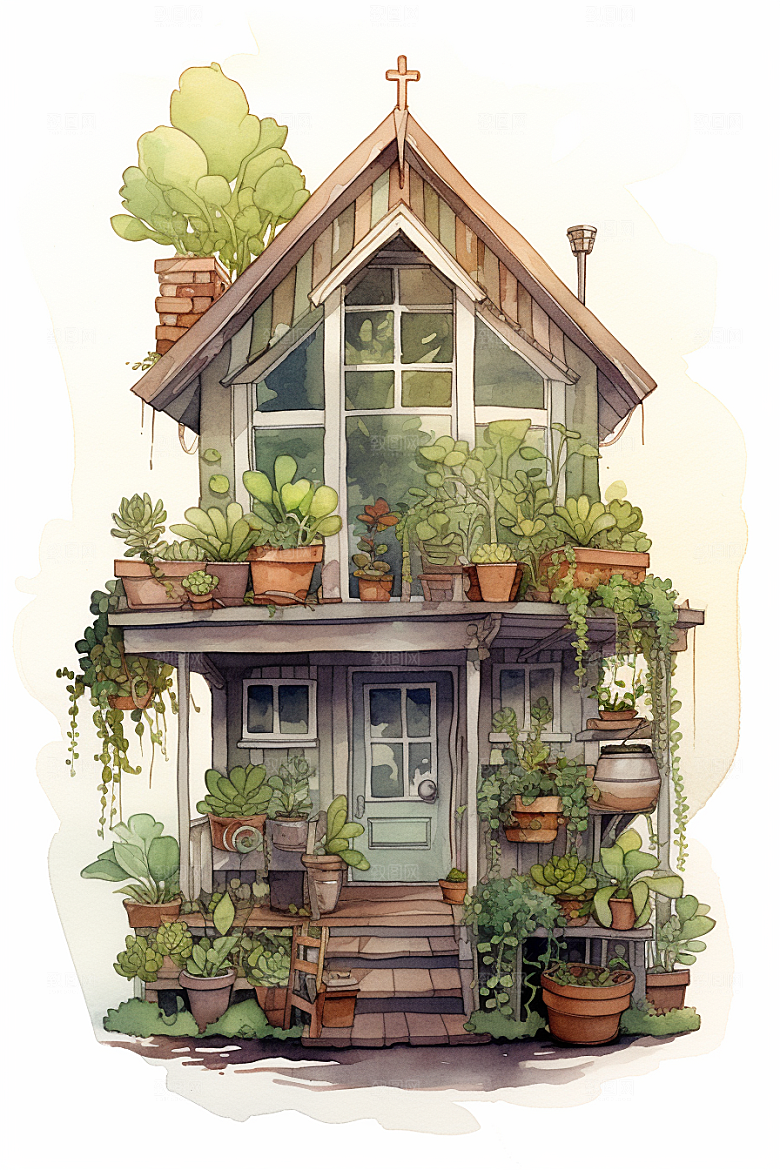 自然小屋庭院绿色水彩插画