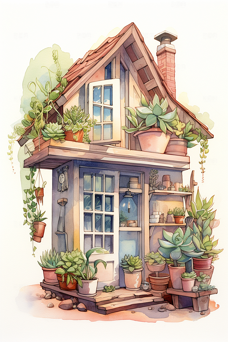 自然小屋小院植物水彩插画