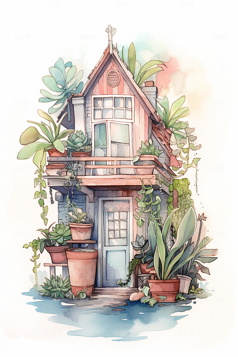 自然小屋别墅绿植水彩插画