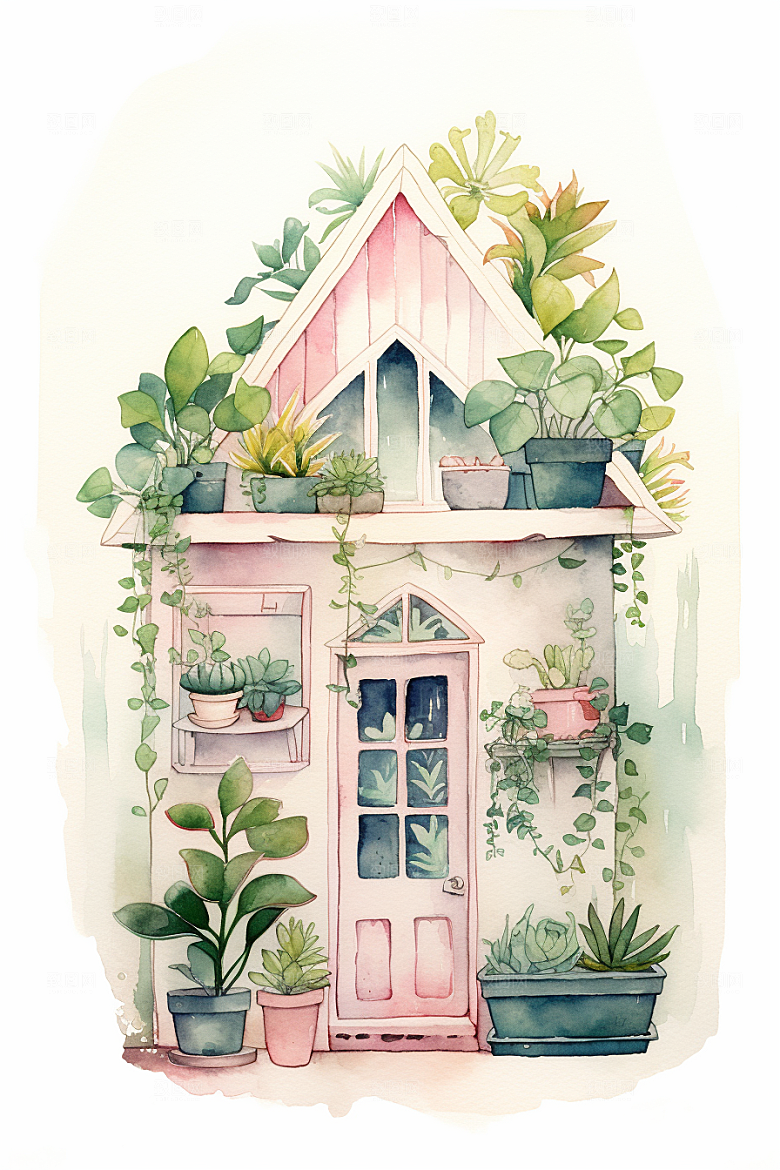 自然小屋清新别墅水彩插画