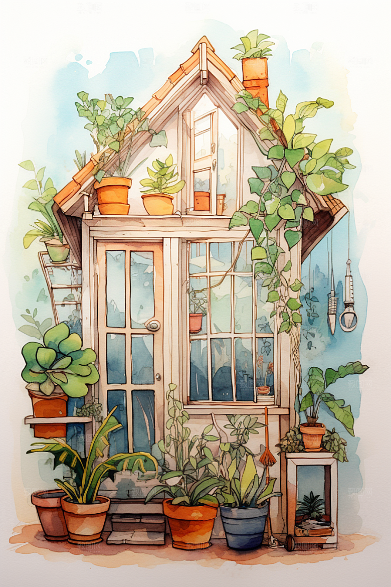 自然小屋清新绿色水彩插画