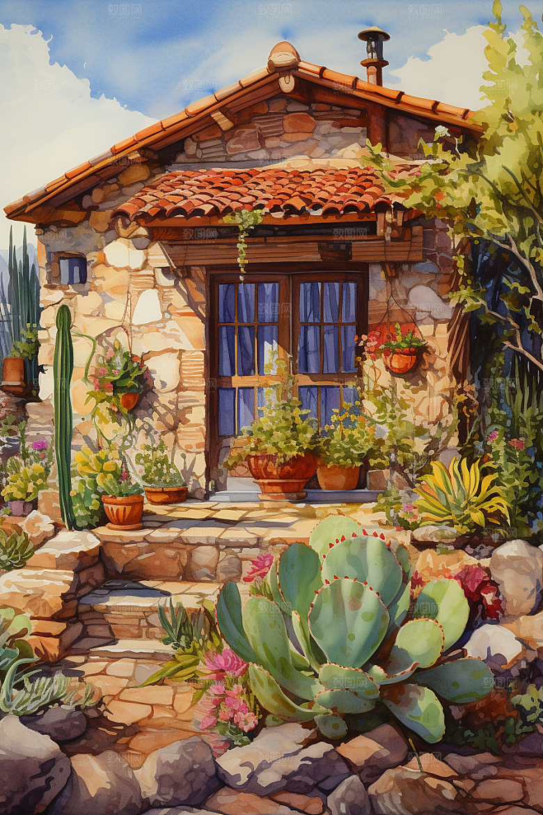 自然小屋小院手绘水彩插画
